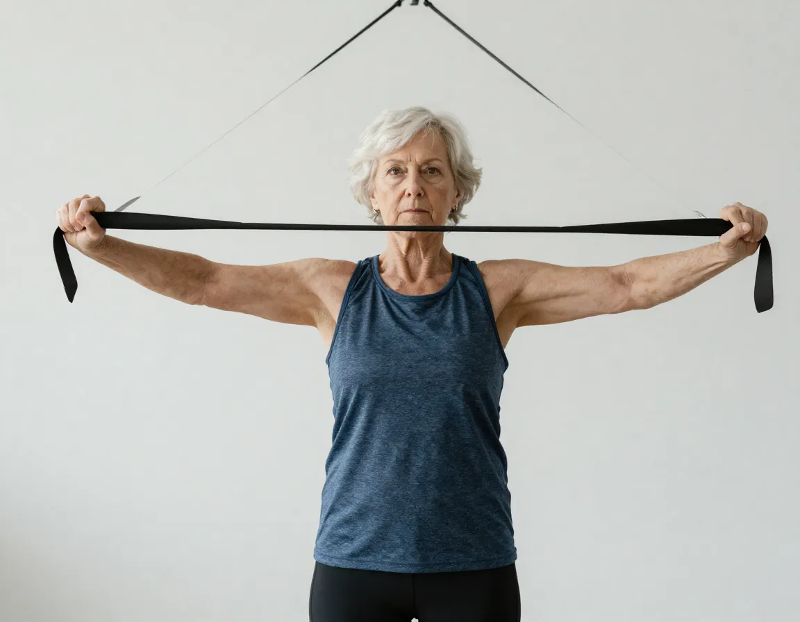 Senior performs resistance band pull exercise indoors