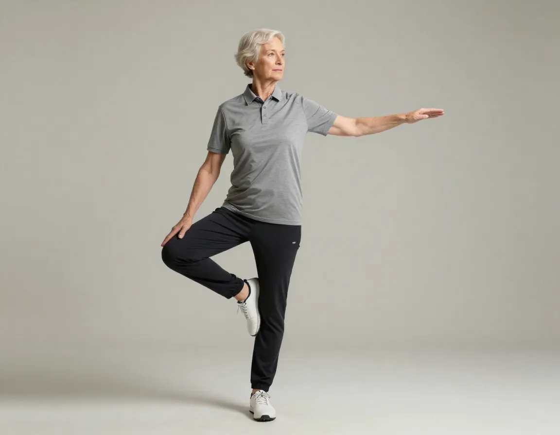 Senior holds single leg balance with wall support
