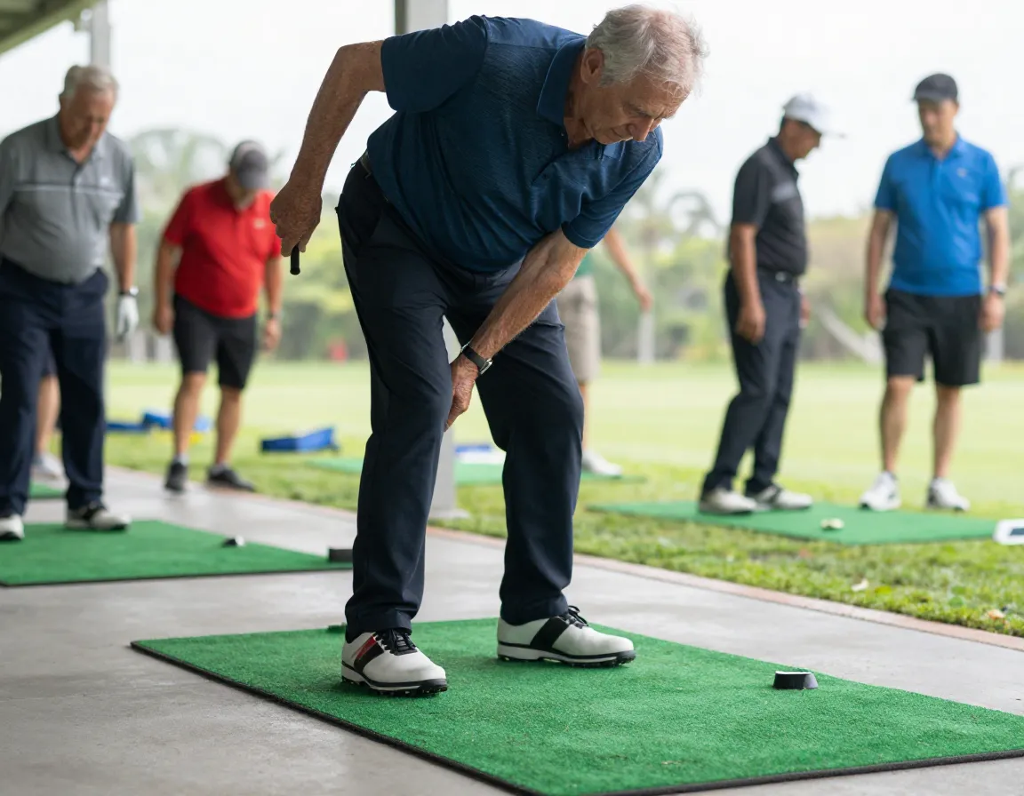 Senior practices dynamic weight shift on golf mat