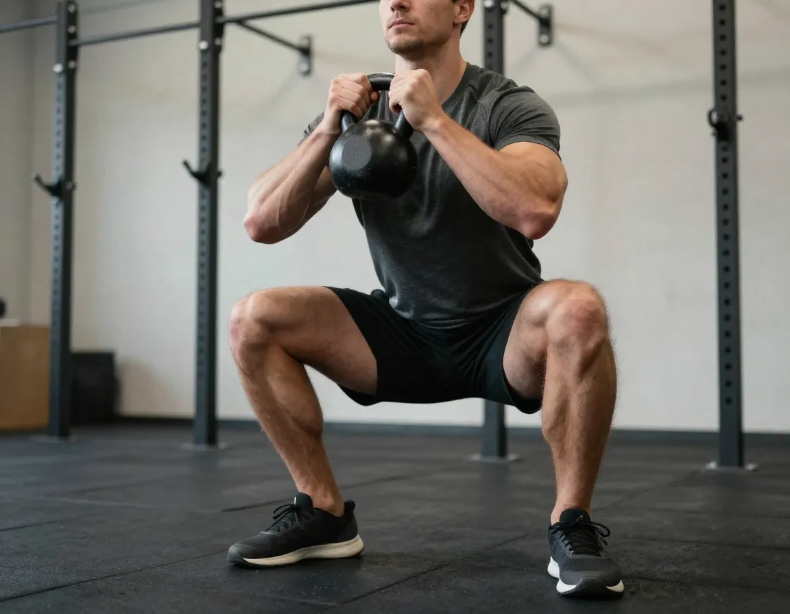 Athlete performing goblet squat with kettlebell in gym