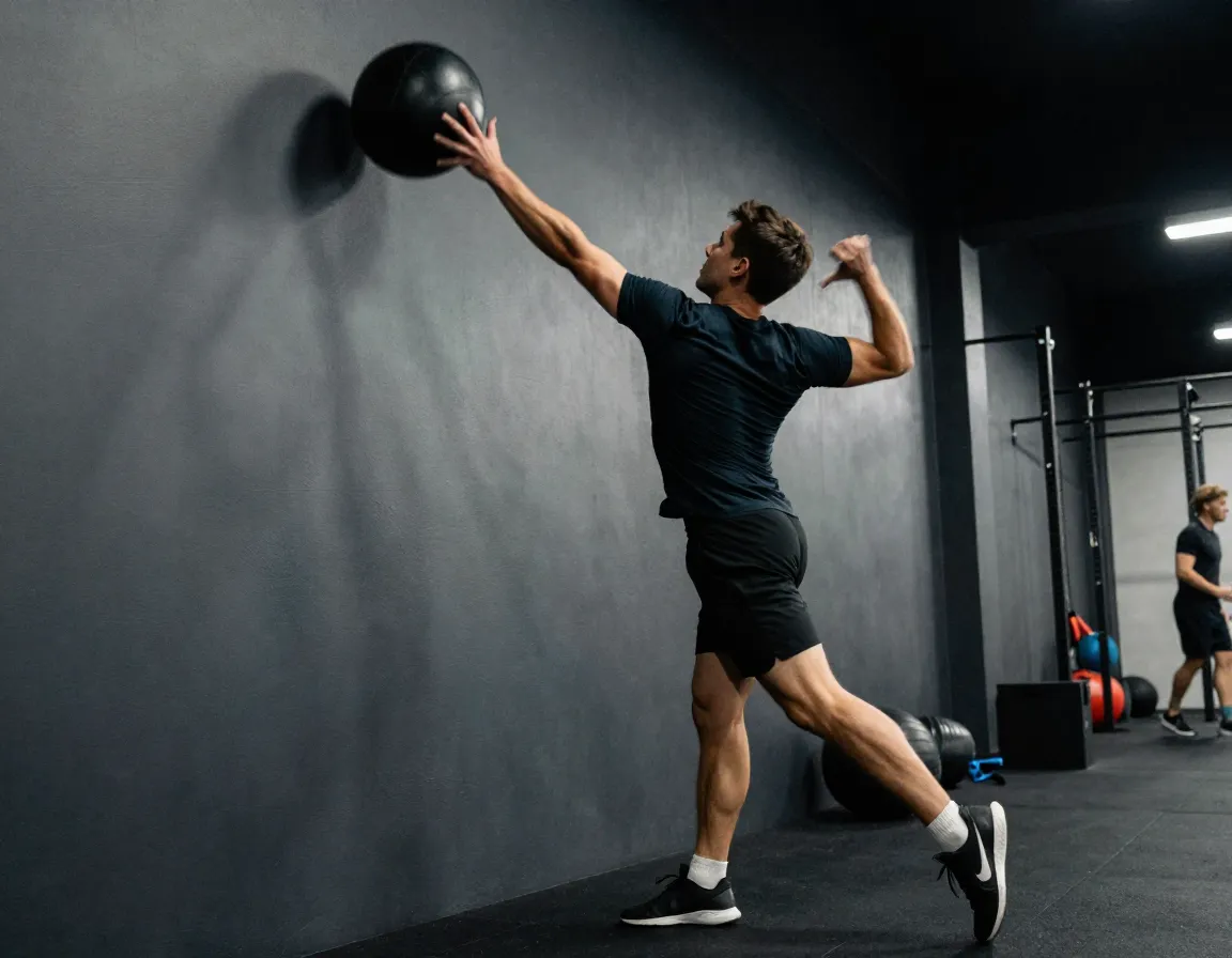 Athlete explosively throwing medicine ball against wall