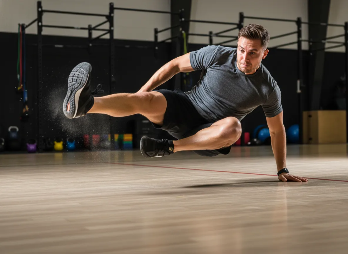 Athlete performing lateral bounds on gym floor