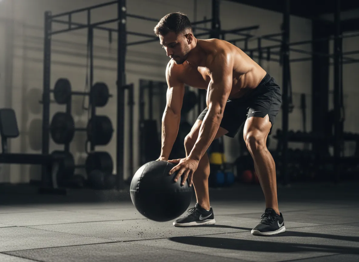 Athlete slamming medicine ball to the ground