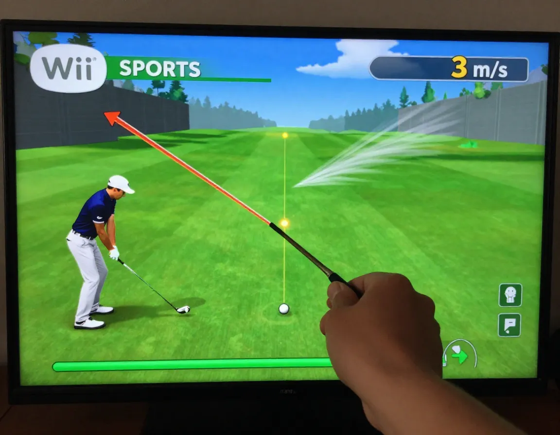 Virtual golfer adjusting aim for diagonal wind on screen