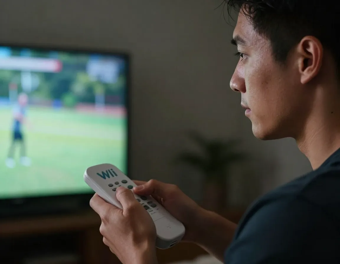 Focused player visualizing shot before swinging wii remote calmly