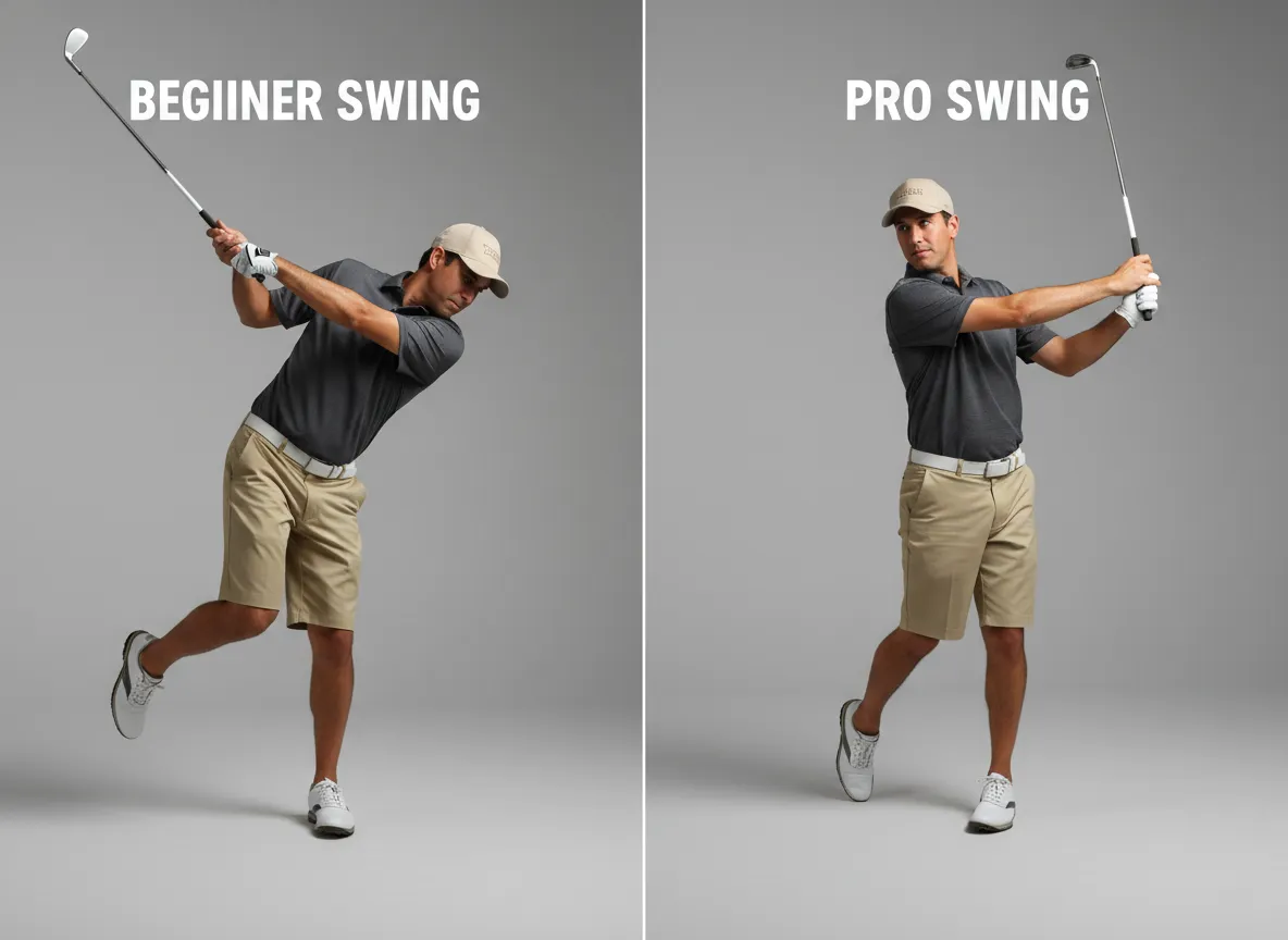 Side by side comparison of beginner and pro golfer swing techniques