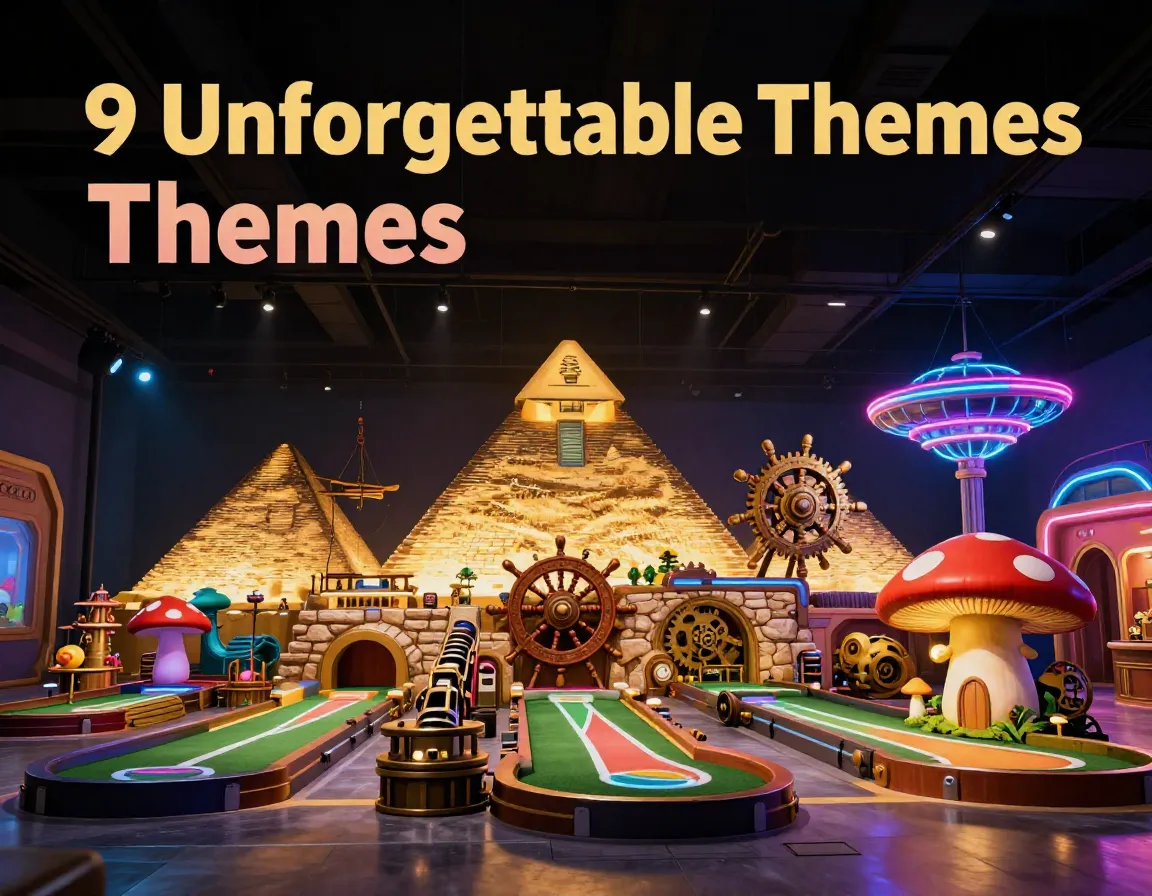 Indoor mini golf course vibrant neon themed modules combined