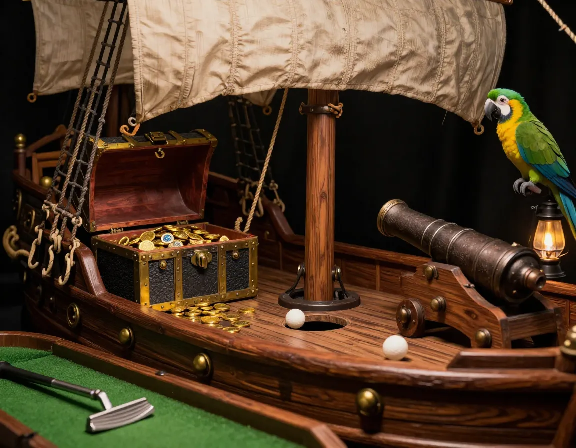 Realistic pirate ship obstacles with treasure chests and interactive cannons