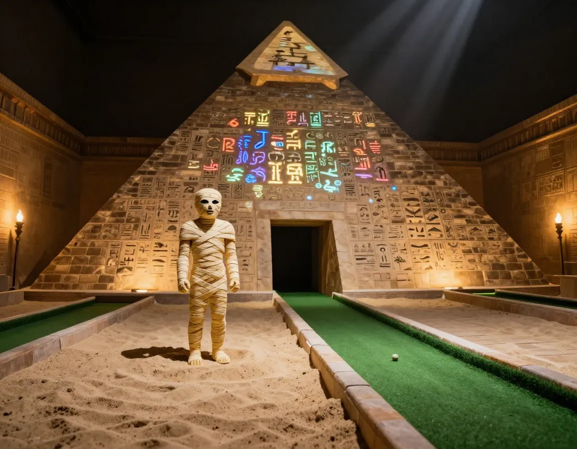 Pyramid chamber with projection mapped hieroglyphics and mummy obstacle