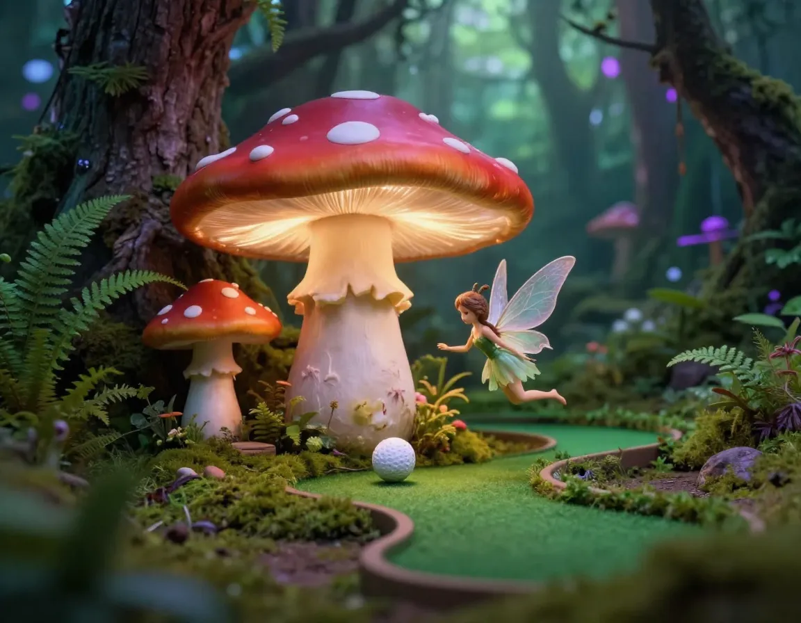 Enchanted forest with talking mushroom house and fairy character
