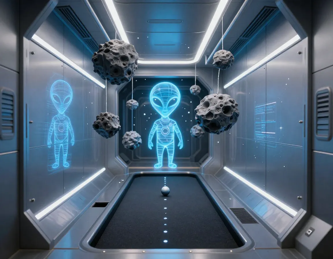 Space station corridor with holographic alien and asteroid field
