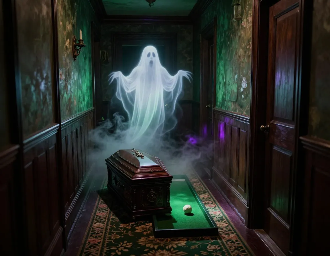 Haunted mansion hallway with motion activated ghost projection