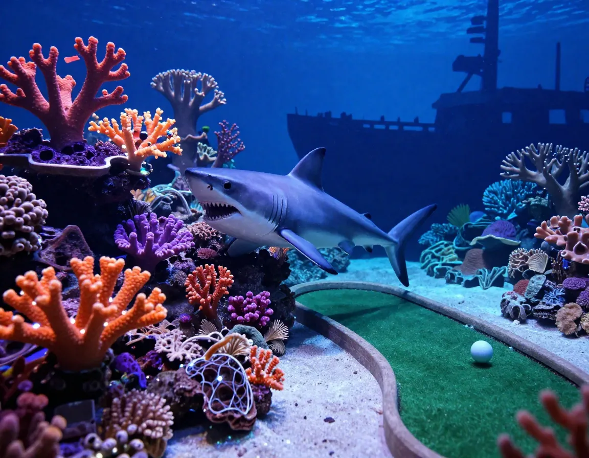 Coral reef underwater scene with led lighting and shark obstacle