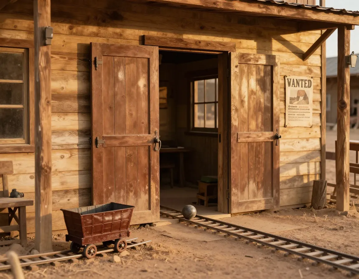 Wild west saloon with swinging doors and mine cart track