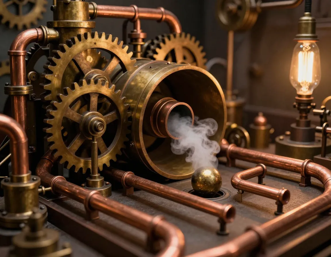 Steampunk workshop with working gears and copper pipe obstacles