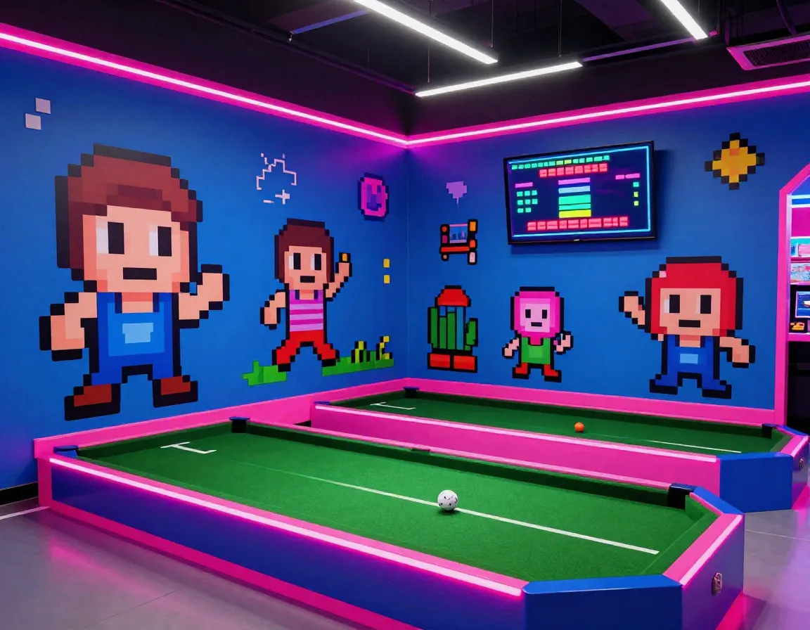 Retro arcade hole with pixel art decorations and neon lighting