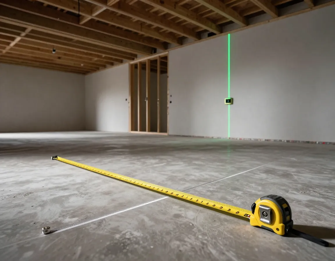 Space measurement tape on floor in open room under construction
