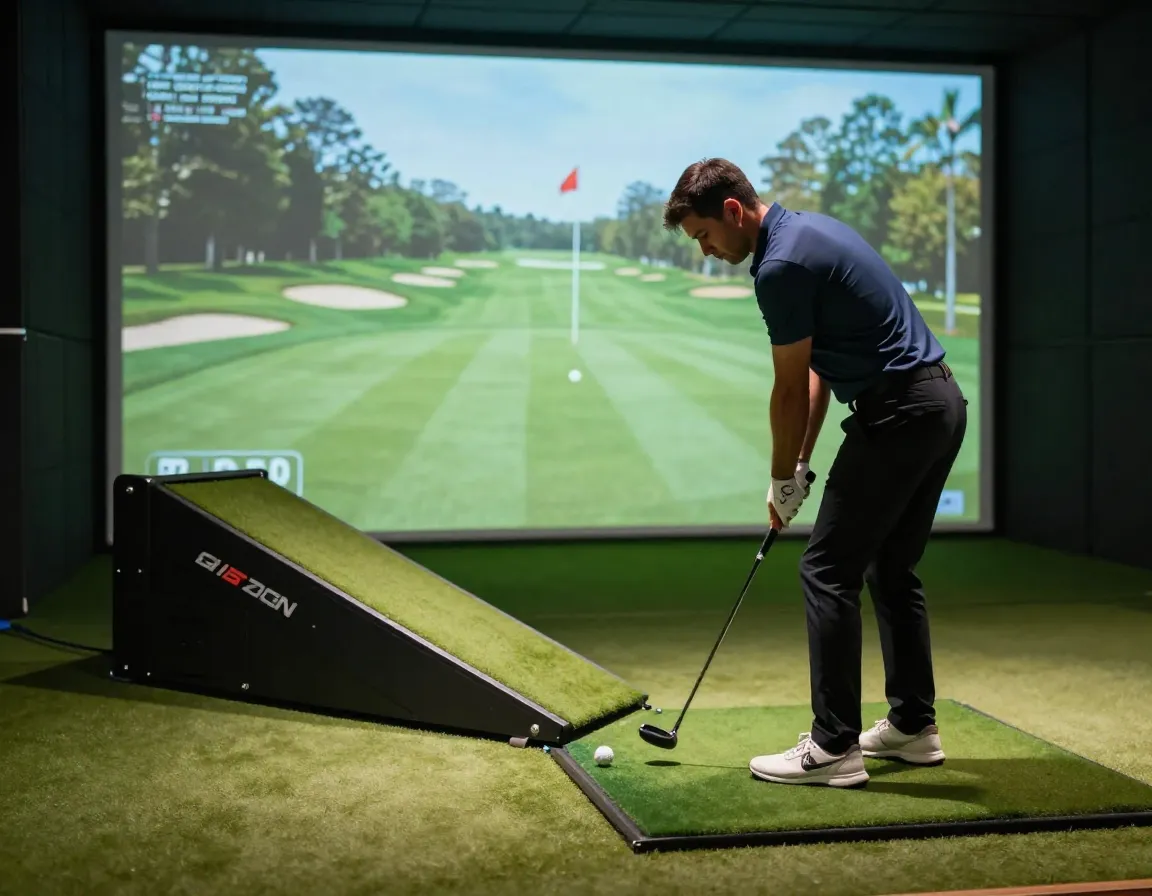 Golfer addressing ball on moving swing plate simulator course