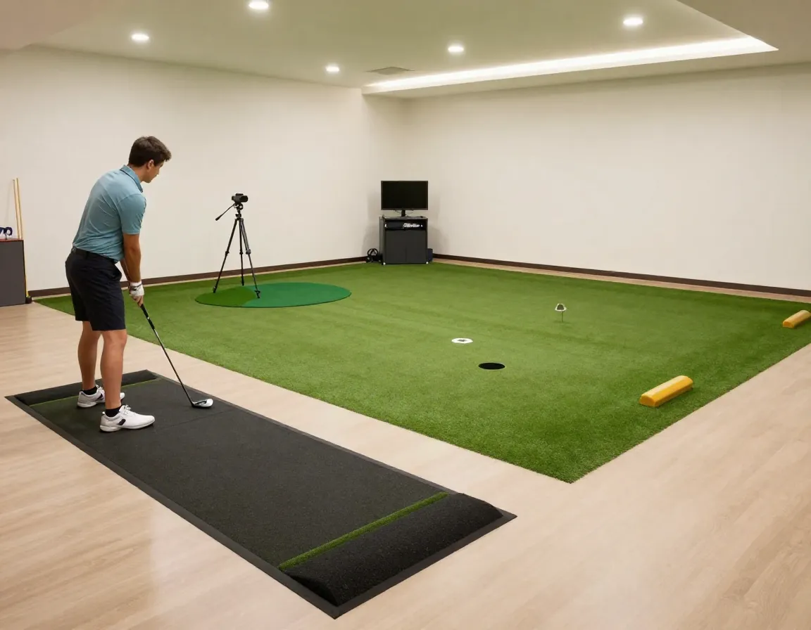 Multi zone golf practice setup with hitting mat and putting green