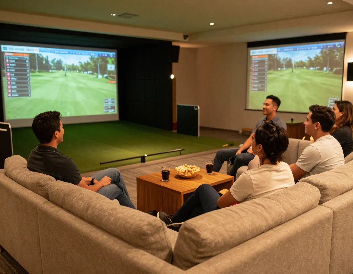 Social group watching golf simulator tournament in lounge area