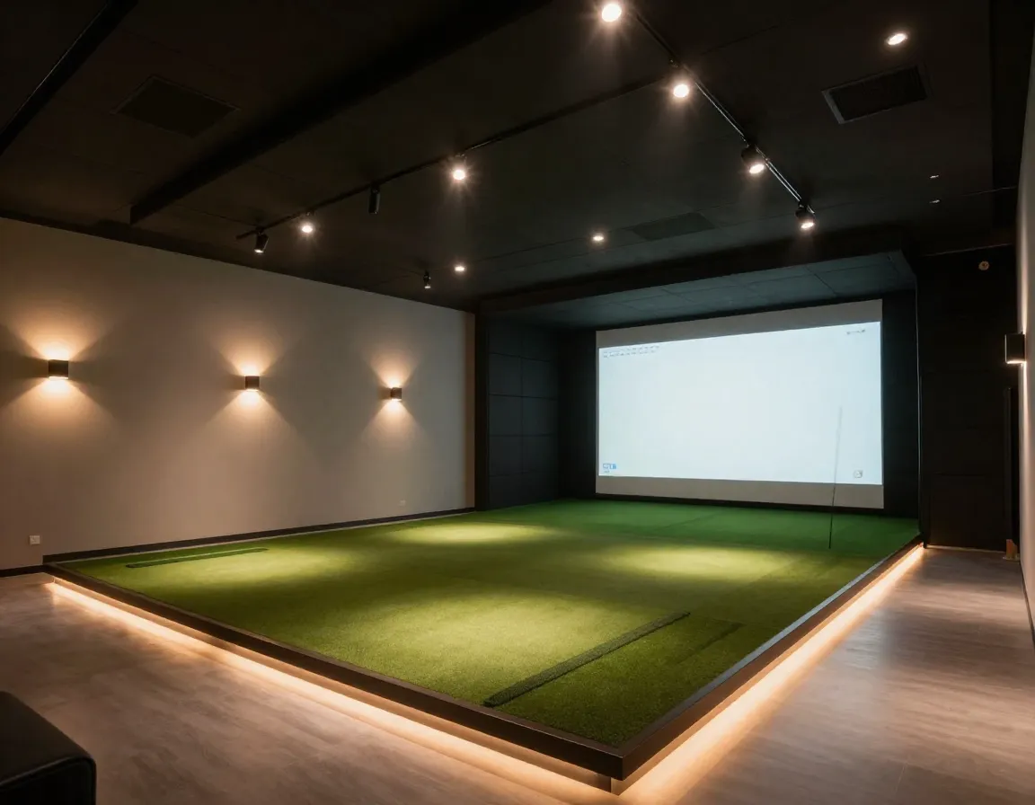 Layered lighting design in a modern indoor golf simulator room