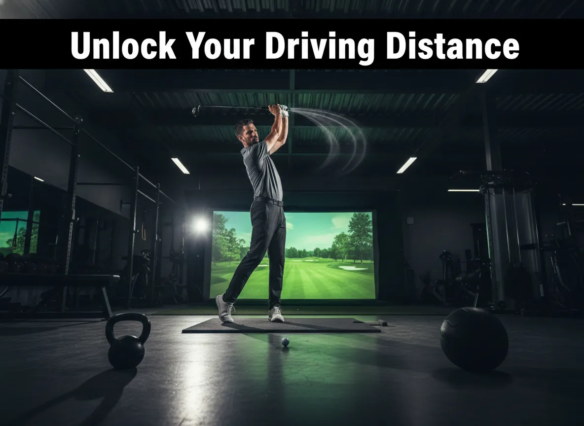 Golfer drive followthrough gym kettlebell medicineball power training exercise