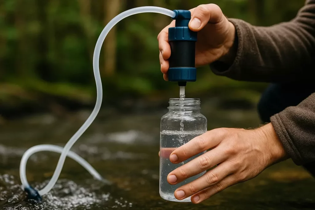 A person filters stream water into a clear bottle using a portable water filter pump outdoors.
