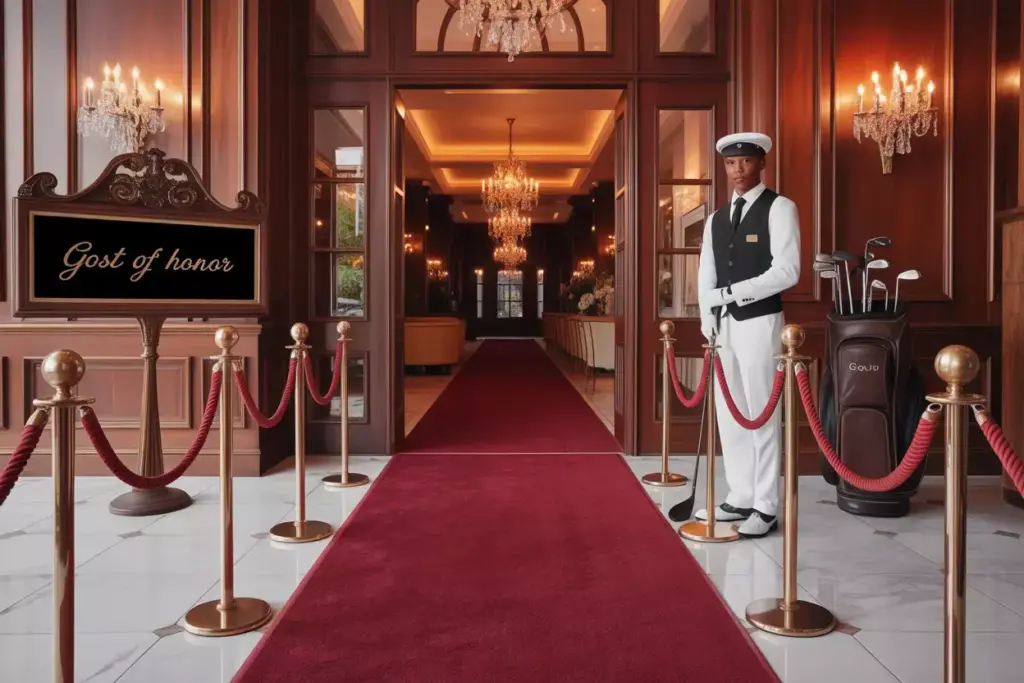 A doorman stands by a red carpet entrance with “Gost of honor” sign and a golf bag in an elegant lobby.