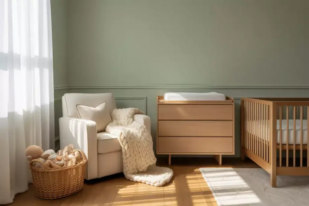 Cozy nursery with a crib, dresser, armchair, blanket, and basket of toys in natural sunlight.