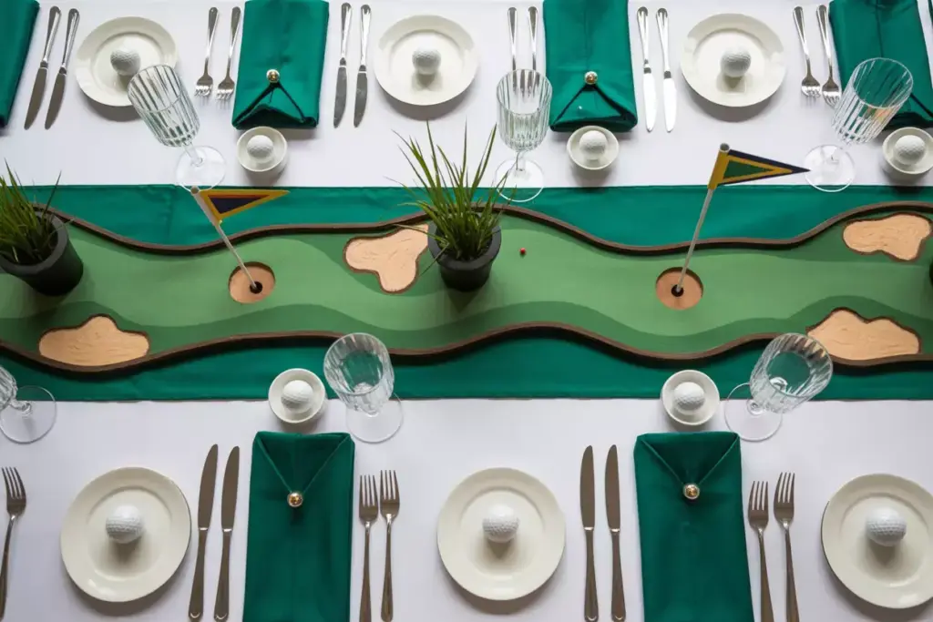 Elegant table setting with a mini golf course runner, golf ball decor, and green napkins.
