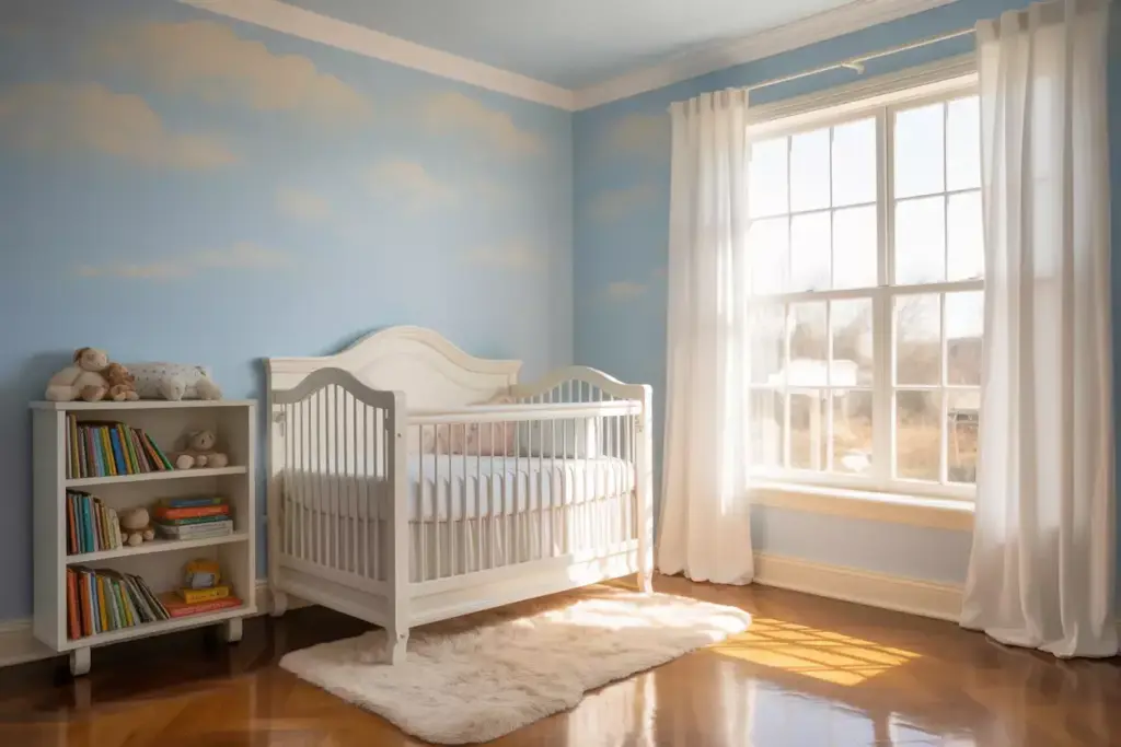 A sunlit nursery with a white crib, bookshelf, and blue walls painted with clouds.