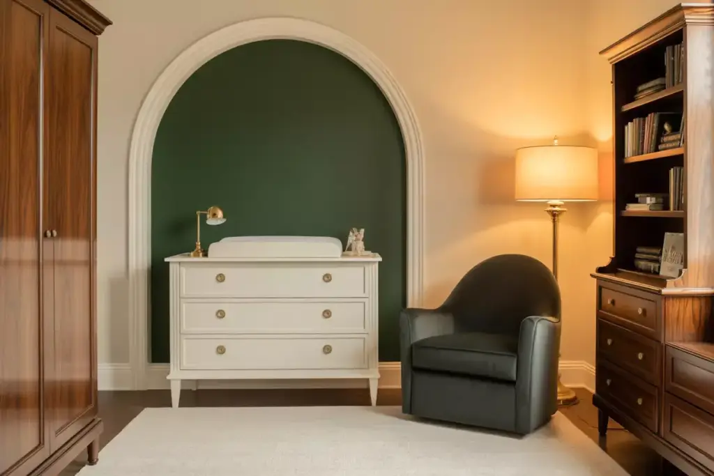 A cozy nursery with a white changing table, green accent wall, black chair, lamp, and wooden furniture.