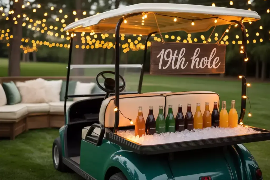 Golf cart with a “19th hole” sign, bottles on ice, string lights, and outdoor seating in the background.