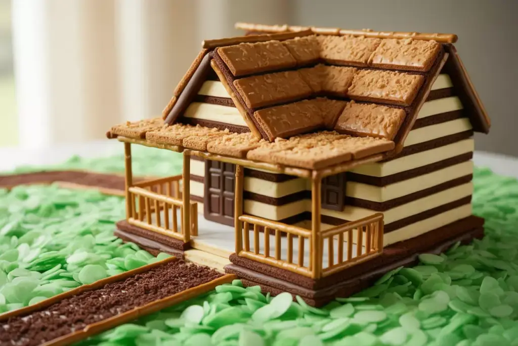 A model of a log cabin made from cookies and wafers sits on a surface decorated with green candy.
