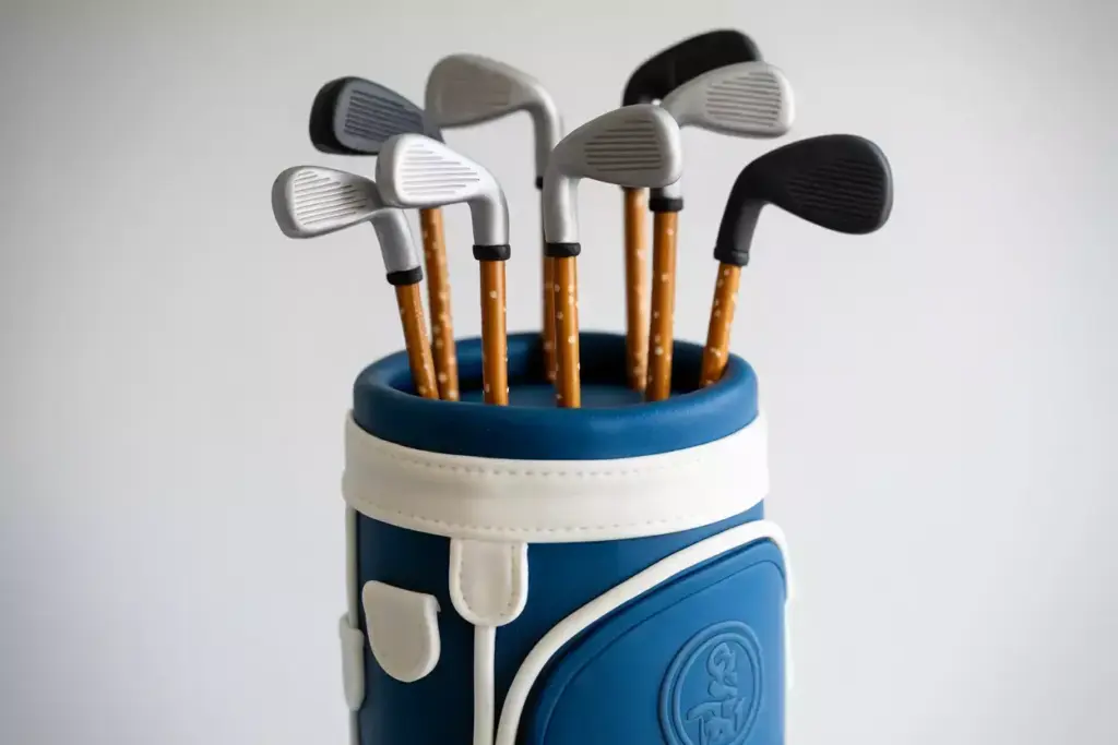 A golf bag filled with golf clubs that have pretzel sticks as handles against a plain background.