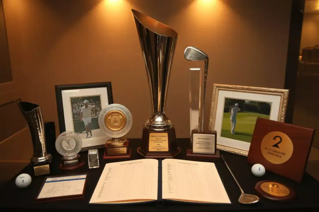 A display of golf trophies, framed photos, golf balls, and awards arranged on a black table.