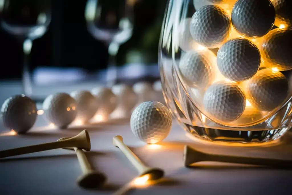A glass bowl filled with golf balls and lights, with golf balls and tees scattered on the table.