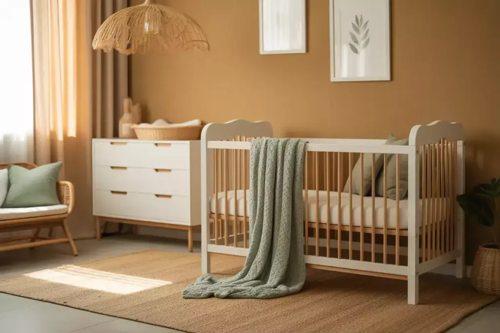 Modern nursery room with white crib, green blanket, dresser, and soft natural lighting.