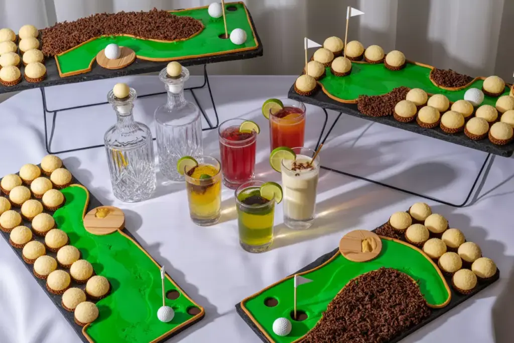 Mini golf-themed desserts and drinks displayed on a table, with cakes decorated as golf courses.