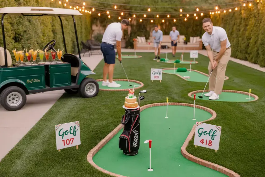 Men play mini golf outdoors at a backyard party, with a golf cart and string lights in the background.