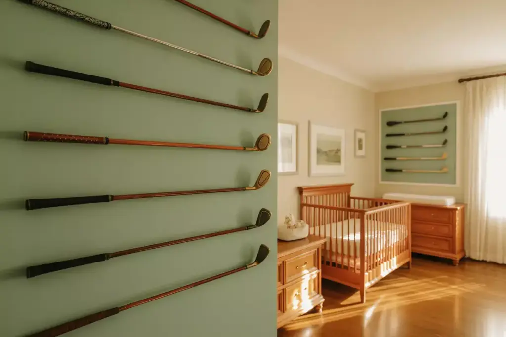 Vintage golf clubs are displayed on a green wall in a cozy nursery with a crib and wooden furniture.