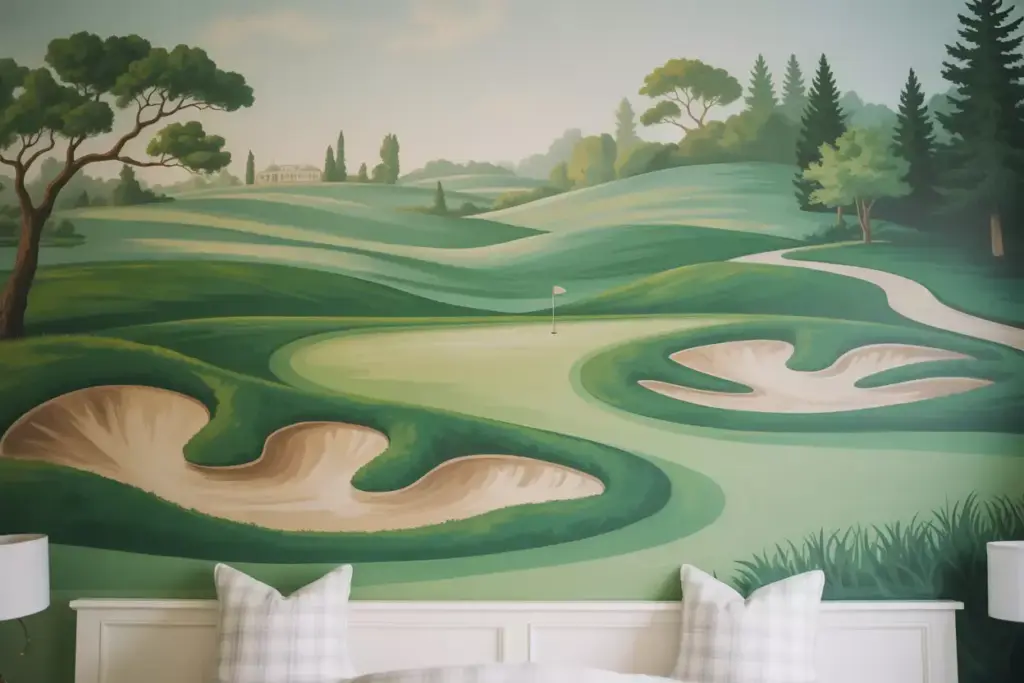 A painted mural of a golf course with rolling hills, sand bunkers, and trees above a bed with pillows.
