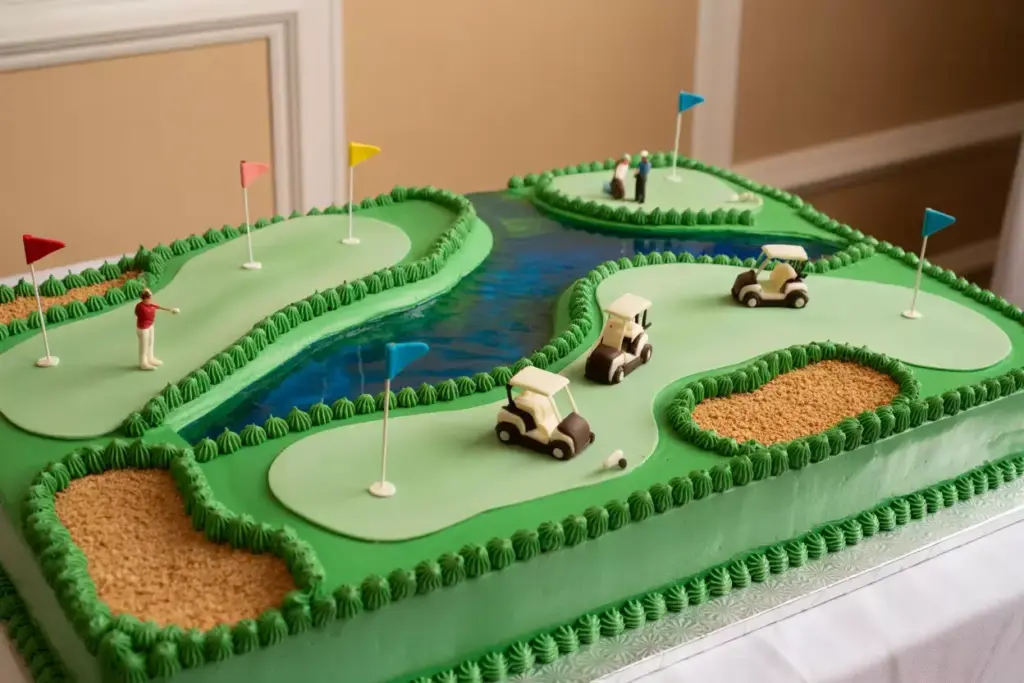 Golf course-themed cake with golf carts, flags, and golfers on green icing, resembling a mini golf course.