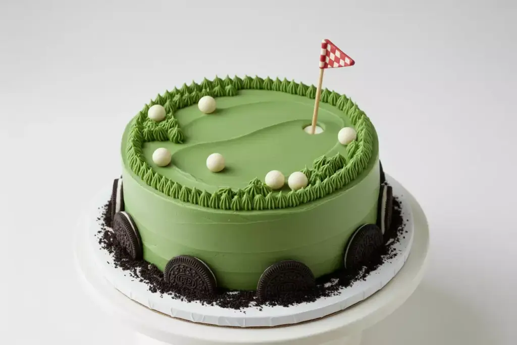 Round green golf-themed cake with white balls, a flag, and cookie decorations around the base.