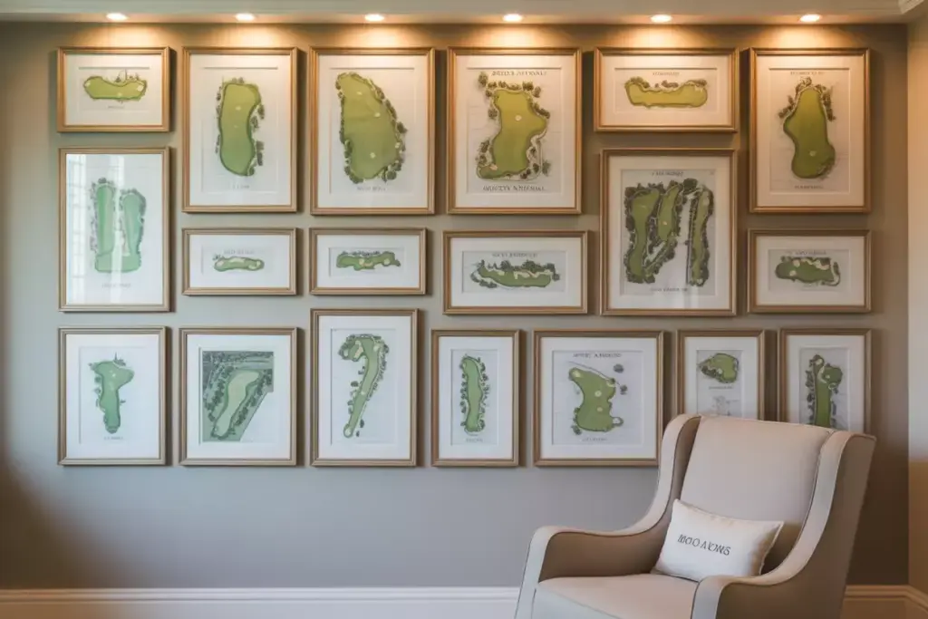 Wall with framed golf course maps above a cream armchair with a BOOKWORM pillow, under spotlights.