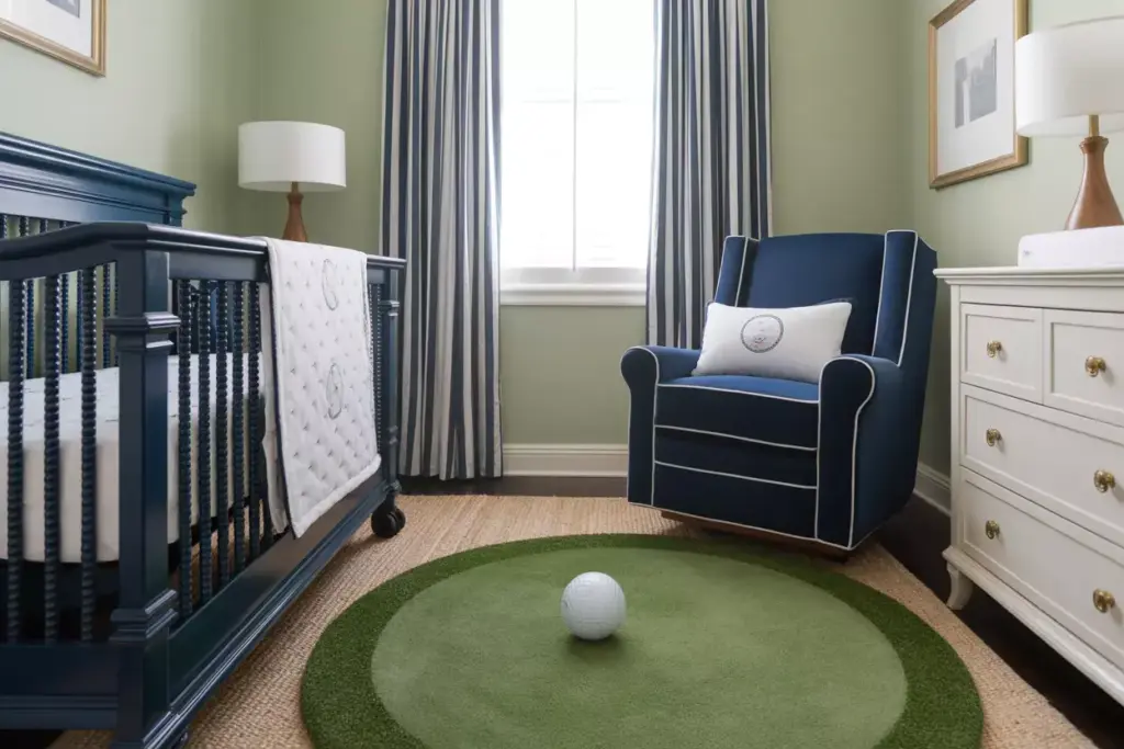 A nursery with a navy crib, navy armchair, white dresser, and a green circular rug with a ball on it.