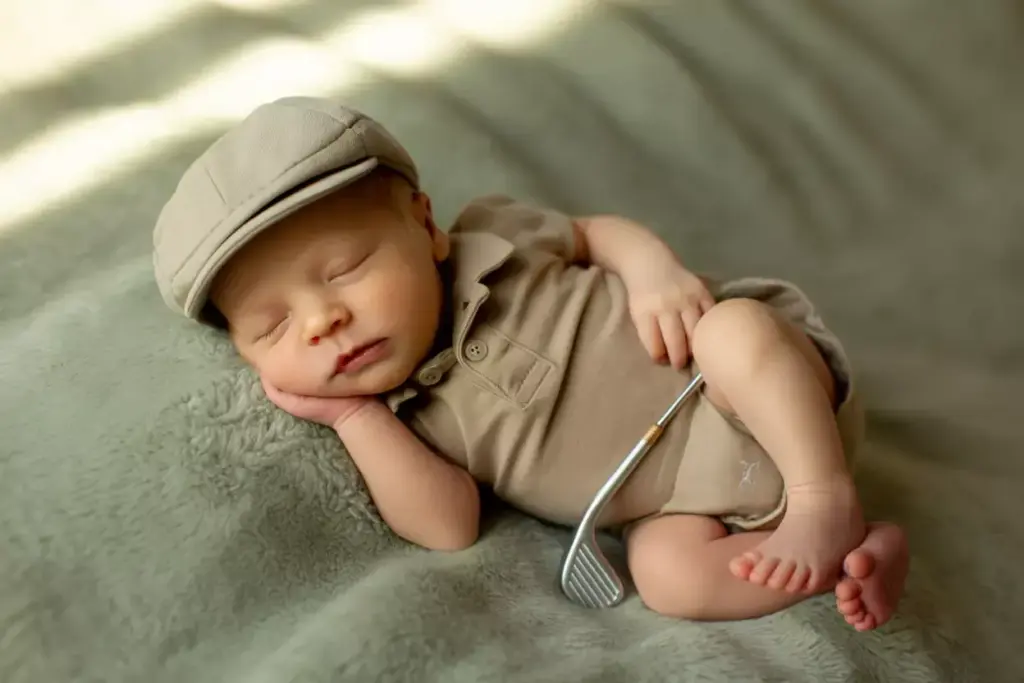 Newborn baby in tan outfit and cap sleeping on a blanket, holding a small golf club.