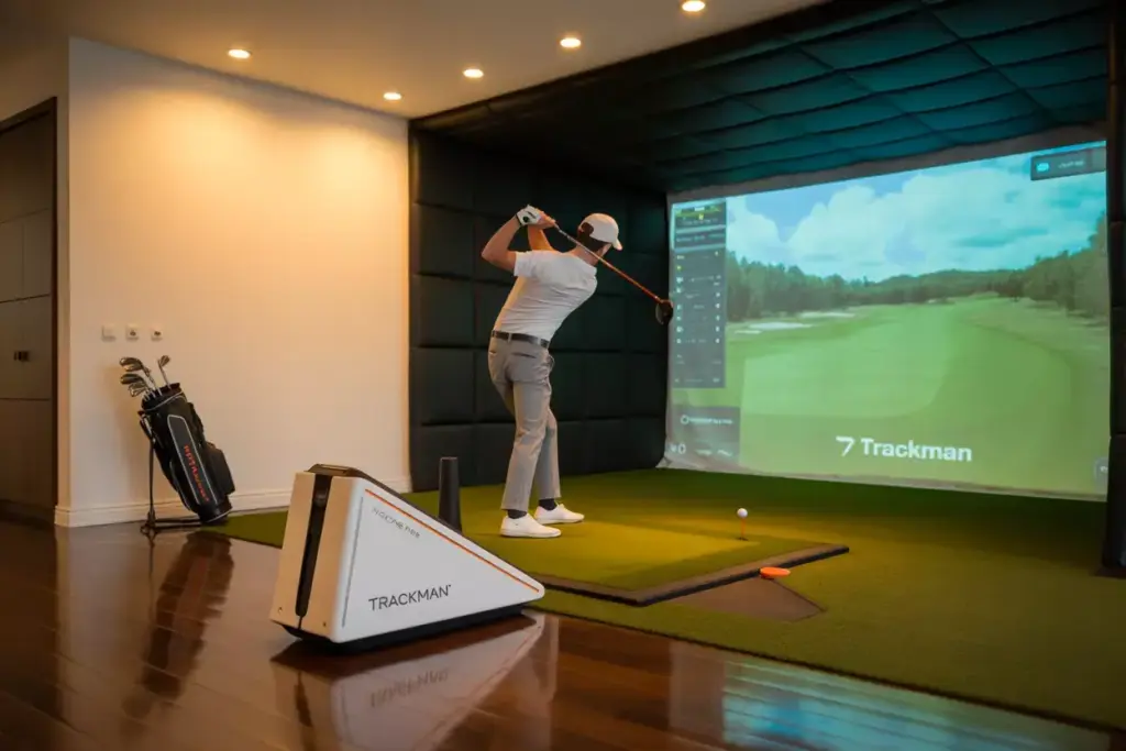 Person swinging a golf club in an indoor golf simulator room with a virtual course displayed on a screen.