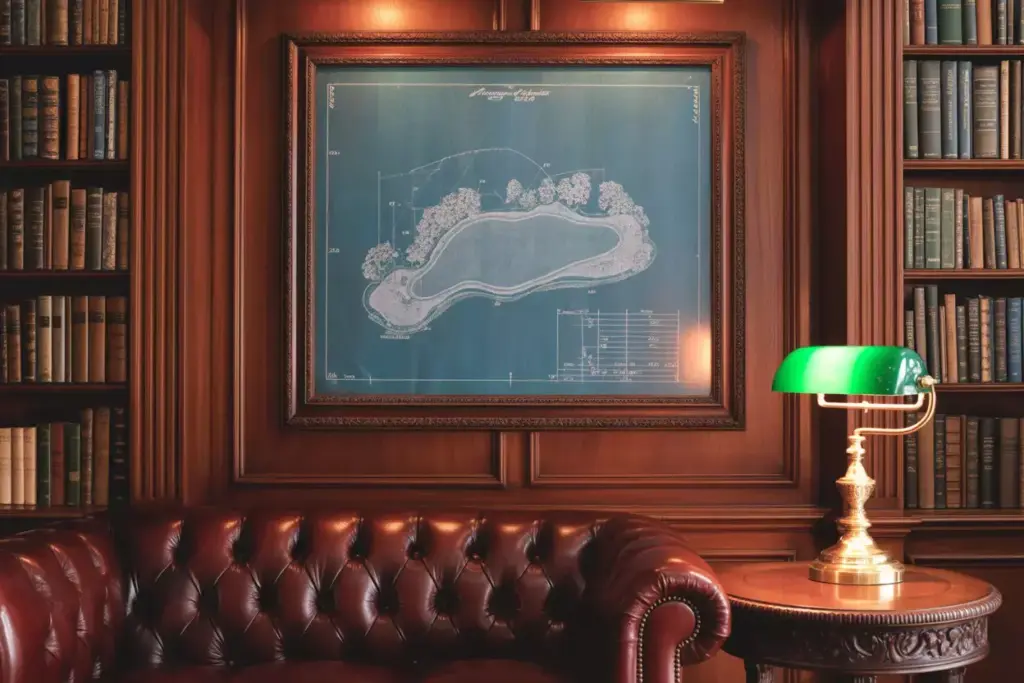 Framed blueprint of an island on a wood-paneled wall above a leather sofa and a green desk lamp.