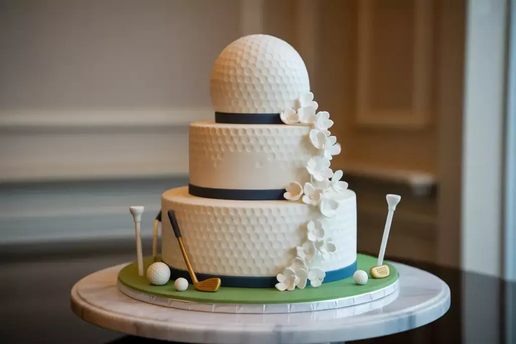 Three-tier golf-themed cake with golf ball, clubs, tees, and white flowers on a green base.